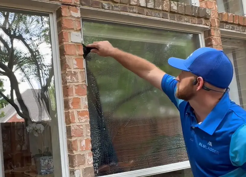 Scrubbing a window by hand Window cleaner in a blue cap scrubbing a window on a brick house